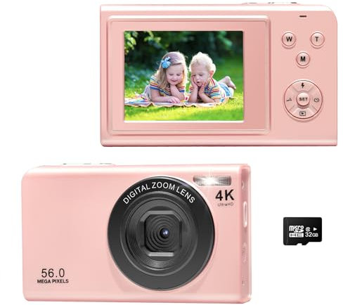 Digitalkamera, AutoFocus 4K Fotoapparat Fotokamera mit 32GB Speicherkarte,16X Digitalzoom,56MP with 2,7 großem Bildschirm, Kompaktkamera Fotokamera für Kinder Einsteiger