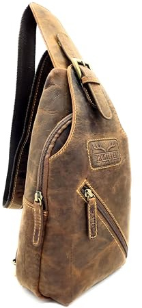Lemasi Crossbag Slingbag aus echtem Hunterleder – Umhängetasche Vintage für Herren & Damen – Ein-Schulter-Tasche mit Reißverschlussfächern, Schlüsselfinder, verstellbarer Gurt, Braun
