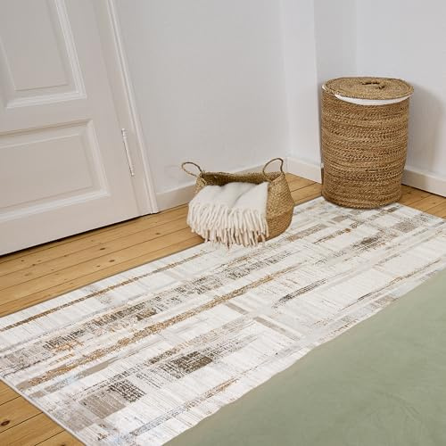 Astra Moderner Teppich Wohnzimmer, Schlafzimmer - Weiches Flachgewebe für Innen - Flauschiger Kurzflorteppich - Teppich Striche grau-beige, 133 x 190 cm