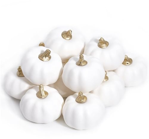 12 Stück Halloween-Simulationskürbis, Mini Weiß Kürbisse Zierkürbisse Herbstdeko, Künstliche Mini Kürbis, Dekokürbisse für Halloweendeko und Herbstdeko, Thanksgiving Tisch Dekorieren für Weiß
