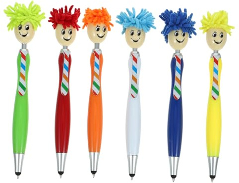 Angoily 6pcs Plush Hair Mop Head Ballpoint Pens Cute Cartoon Portrait Plastic Writing Pens for Students Red Green Blue Black Orange White Yellow