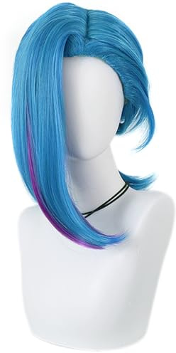Kolegrial Jinx Cosplay Perücken Damen Blau 40CM Schulterlang Perücke Verkleidung Karneval Halloween Party Maskenball Game Jinx Kostümperücke Zubehör Anime Wig