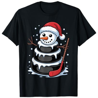 Snowman Ice Hockey Puck Santa Hat Christmas Kids Men Women T-Shirt
