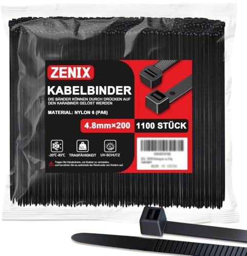 ZENIX Kabelbinder Schwarz 4.8mm x 200mm, 1100 Stück Kabelbinder UV Beständig lang, Schwarze Binder mit 28Kg, Zugfestigkeit Kann für Innen- und Außenbereich, Haushalt, Büro