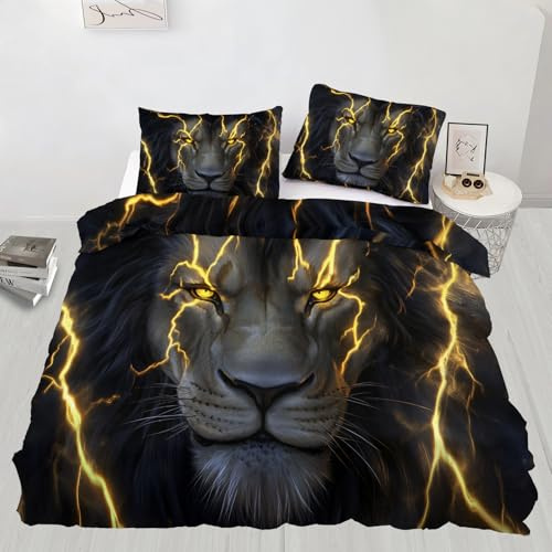 Lightning Lion Bettwäsche-Set, King-Löwe, Bettbezug mit 2 Kissenbezügen, Tiere, weich, leicht, pflegeleicht, für Gästezimmer für Erwachsene (220 x 230 cm)