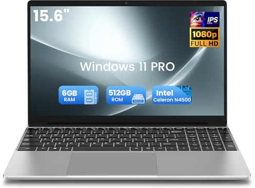 Kayoote 2026 Laptop Computer Notebook QWERTY, 15.6 IPS FHD Display, 6GB RAM 512GB SSD, Celeron N4500 Prozessor, für Business Home Office und Studenten, WiFi5, BT4.2, USB3.0, Silber