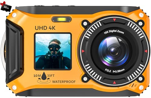 Digital Camera, Yixinxin 4K 64MP 33FT Underwater Camera Dual-Screen Waterproof Dustproof Floatable Camera for Snorkeling with 32GB Card Autofocus Point and Shoot Digital Camera 1500mAh Battery