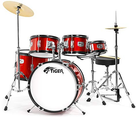 TIGER JDS14-RD - Batteria per ragazzi 5 pezzi, con rullante, tom, basso, pedale, Hi-Hat, piatti crash, bacchette e sgabello - colore rosso