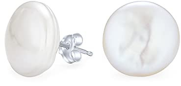 Barocke Unregelmäßige Runde Münze Geformt Braut Weiß Biwa Münze Süßwasser Zuchtperlen Ohrstecker Für Frauen .925 Sterling Silber