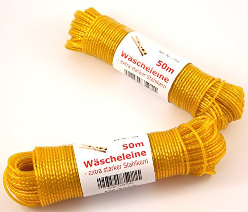 Wäscheleine 50m mit Stahleinlage -K&B Vertrieb- Stahlseil Stahlseilwäscheleine Wäsche Leine extra stark 704 (Gelb)