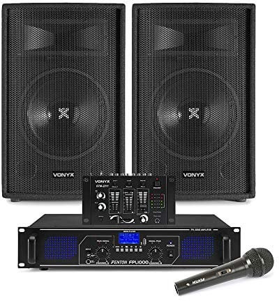 Vonyx SL12 12 DJ PA Speaker System with Bluetooth Amplifier, Mixer and Wired Mic – 1000W Passive Sound Solution for Disco Parties & Karaoke Events
