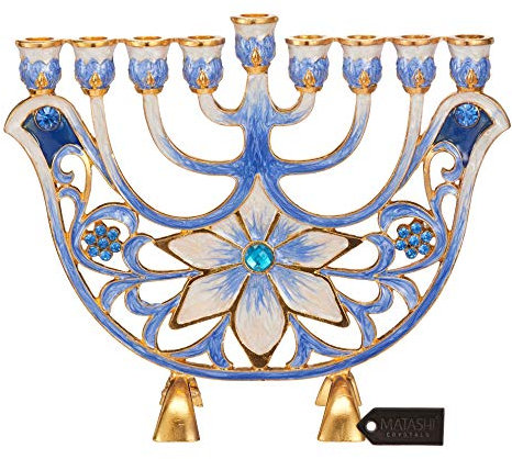 Matashi MTMNR13547 handbemalter Menorah-Kandelaber, handbemalt mit goldenen Akzenten, Blaue Blume