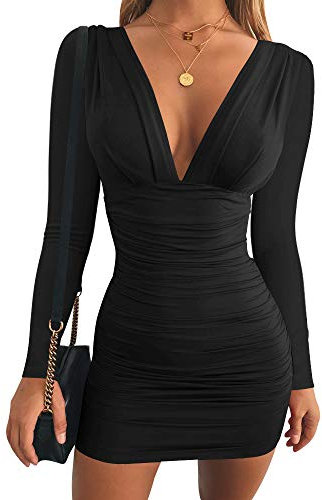 GOBLES Women's Sexy Long Sleeve V Neck Ruched Bodycon Mini Party Cocktail Dress - Black - Medium