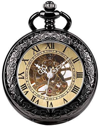 ManChDa Taschenuhr für Herren, Spezielle Lupe, Mechanisch, Handaufzug, Halbjäger, Römische Ziffern, Antike Schwarz Taschenuhr mit Kette