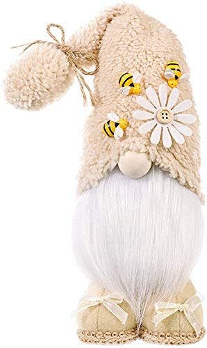 Super Idee Stehende Niedliche Bienen Wichtel Deko Süßer Zwerg Wichtel Figuren mit Blumen und Bienen und Beige Mütze Frühlingswichtel Osterdeko Sommerdeko Ideal zur Geburtstag Party (Beige)