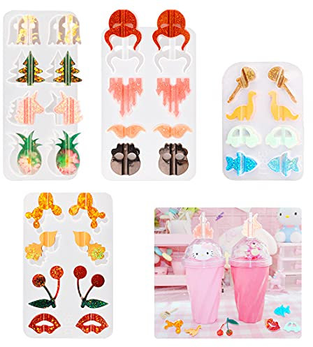Voyyphixa 4 Pack Resin Molds Straw Topper Mold for Epoxy Resin, Silicone Molds for Straws, Epoxy Casting Molds Animal Straw Topper Attach Mold for Tumblers Decoration