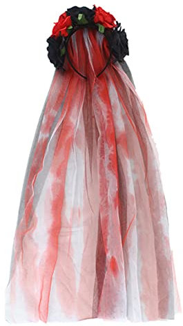Damen Tag der Toten Haarschmuck mit Rosen und Schleier, Halloween Haarband Frauen Damen Halloween Kostüm zubehör, Brautschleier, schwarz/rot