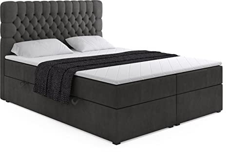ALTDECOR Boxspringbett mit H3-Matratze (20 cm hoch) mit Bonellfederung + PUR, Topper (5 cm hoch), Polsterbett mit Kopfteil und Bettkasten - 200x200 Schwarz Monolith 95