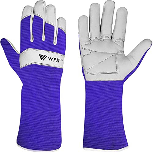 WFX Lange Gartenhandschuhe aus Leder für Damen, Herren, Damen, langlebig, Ziegenleder, Gartenhandschuhe, Unterarmschutz, dornensicher, Gärtnerarbeit, Rosenbeschneide, Geschenk (Lila, M)