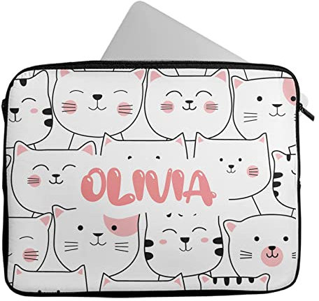 Personalised Any Name Cat Design Laptop Case Sleeve Tablet Bag Chromebook Gift 1828 (9-10 inch)