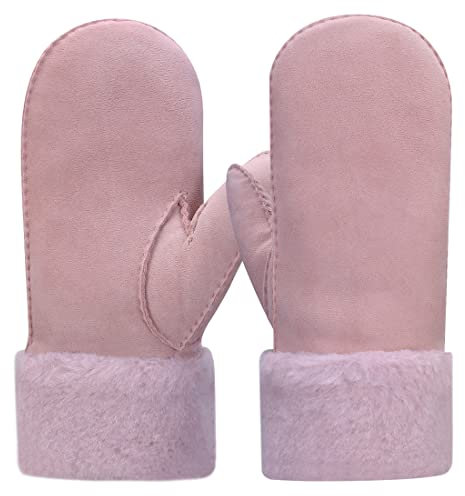 Harssidanzar Leder Fäustlinge Damen,Winter Schaffell Lammfell beheizte warme pelzige Stulpenhandschuhe Lederhandschuhe KL024EU,Rosa, Größe XL