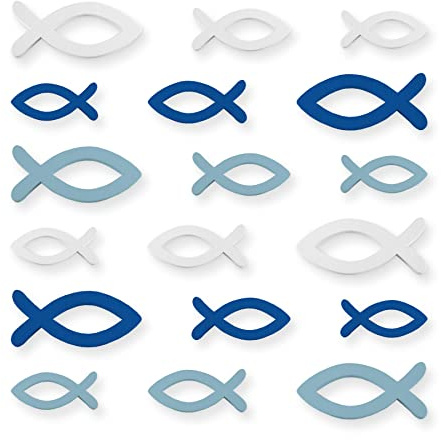 itenga Streudeko Fische blau weiß 144er Pack aus Holz in 3 Größen und 3 Farben - für Tischdeko Kommunion Konfirmation Taufe