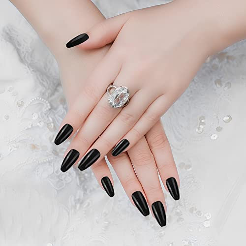 Cobee Solid Color Press on Nails, 24Pcs Coffin Fake Nail Glossy Tapered Shape Medium Length Full Cover Ballerina Removable Wear False Nails for Women and Girls Nail Art DIY Set(Black)