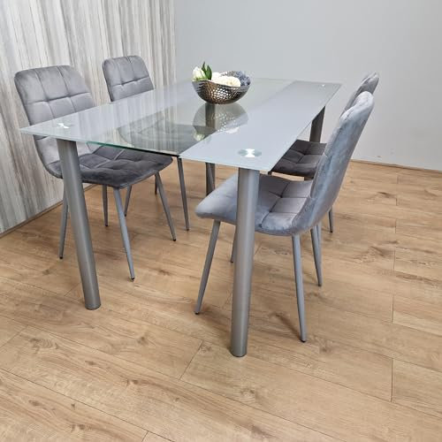 KOSY KOALA Glass Dining Table and Chairs Set for 4 Grey Tempered Glass Dining Table with 4 Grey Velvet Dining Chairs Modern Kitchen Dining Room Furniture 120 x 70 x 75 cm
