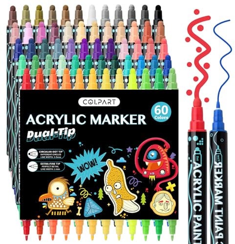 colpart Acrylstifte für Steine wasserfest-120 Spitzen 60 Farben Steine Bemalen Acrylic PaintPermanent Marker Stift ostereier zum bemalen Für Kunststoff Glas Holz Keramik Metall Reifen Leinwand.