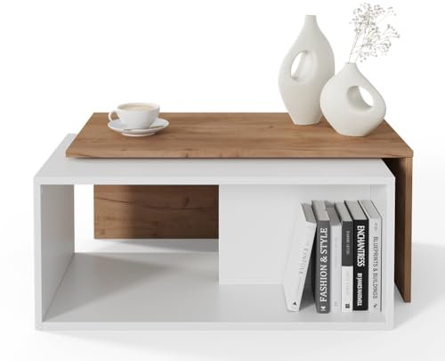 PLATAN ROOM Lot de 2 Tables Basses Salon gigognes avec Rangement 90 x 48 x 40 cm Table d'appoint avec Rangement Chêne Blanc