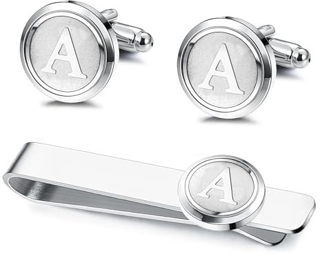 Kakonia 2Pcs Bouton de Manchette Pince à Cravate Homme Bouton de Manchette Pince à Cravate Personnalisée Noire Skinny Argent pour Mariage Affaires La fête 26 Lettres A