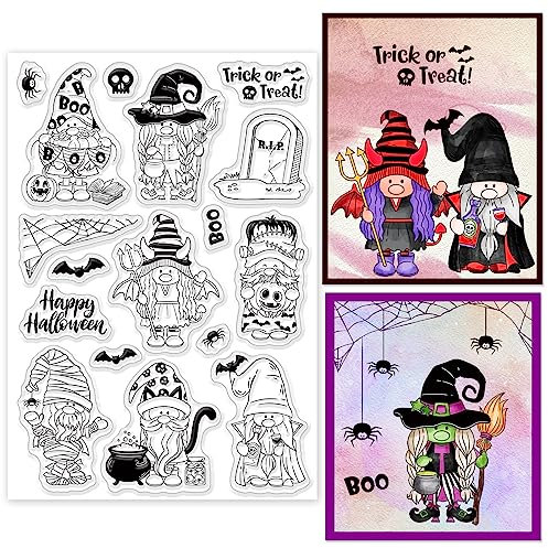 INFUNLY Gnomes Stamps Happy Halloween Transparente Stempel Für Die Kartenherstellung Skelett Transparente Stempel Spinnennetz Fledermäuse Gummistempel Für DIY Scrapbooking Kürbisstempel Zum Basteln
