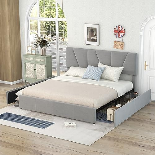 Becag Doppelbett 160x200 cm, Polsterbett mit 4 Schubladen, Bett mit Stauraum, Verstellbares Kopfteil, Stauraumbett Rückenlehne Bett mit Lattenrost, Metall Bettgestell, Samt Grau, ohne Matratze