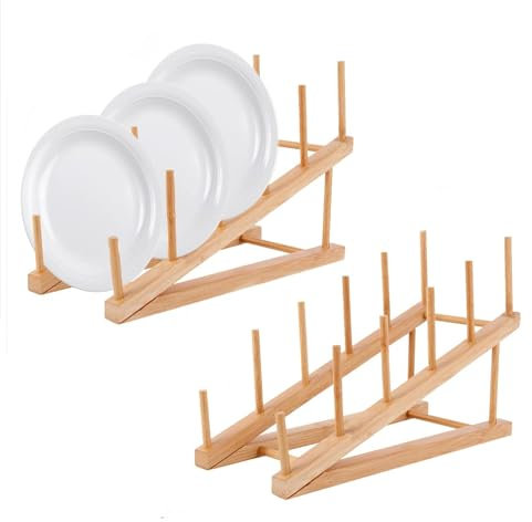 LATRAT Juego de 2 soportes para platos de madera de bambú, soporte para tapa de olla, estante de secado de platos, organizador de armario de cocina, para taza, tabla de cortar, cuenco, tapa de olla