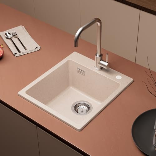 CECIPA Einbauspüle Beige, Spülbecken Granit 40x45cm, Spüle Küche, Küchenspüle Rechteckig, Moderne Granitspüle, Waschbecken Küche, Spülbecken Küche Klein, Einzelbecken mit 2 HahnLöcher, 1 Becken