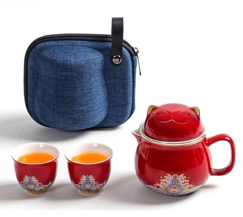 DEARART Magnifique ensemble de tasses à thé portable, tasse de 300ml,2 g et 2 tasses, large goulot facile à nettoyer, garde le thé chaud, infuseur de thé en vrac, chat mignon, rouge