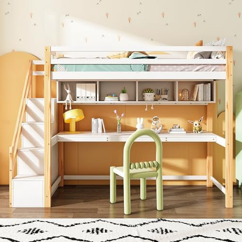 Lit superposé Enfant 90 x 200 avec Bureau et étagères,lit cabane Enfants 90 x 200,lit Mezzanine 1 Places avec Barriere,avec escalier de Rangement,Bois Massif + MDF