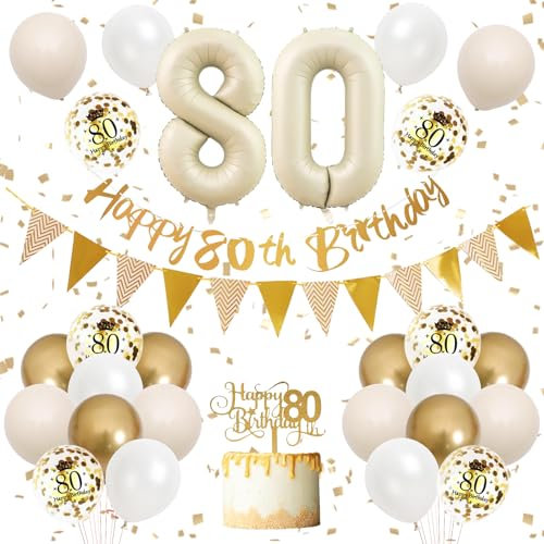 Sand White Gold & Beige Gold 80th Birthday Decorations - Banner, Balloons, Cake Toppers & Number 80 for Women & Men's Birthday Party