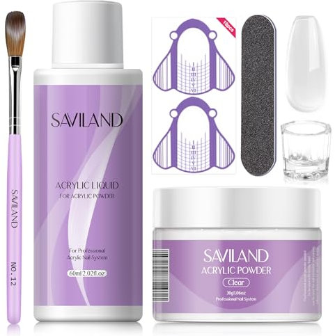 Saviland Kit Per Unghie In Acrilico: 30g Di Polvere Acrilica Trasparente e 60ml Di Liquido Con Pennello Acrilico Per Unghie e Lime Per Principianti Per Il Fai Da Te Domestico