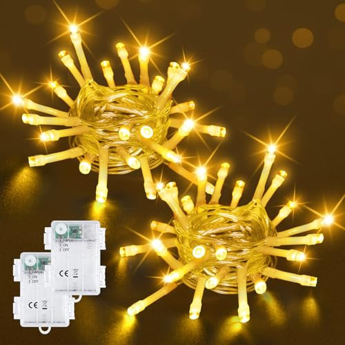 Bowfar Lichterkette Außen Batterie, 2M 20LED Warmweiß Lichterkette mit 6h Timer, IP65 Wasserdicht Lichterkette Batterie für Innen Zimmer Party Weihnachten Outdoor (2 Stücke, Durchsichtigen Kabel)
