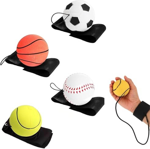 SHSHbuy 4 Stück Springball mit Schnur,Ø 6cm Handgelenk Return Ball,Springball Returnball Flummi Armband Sport Spielzeug für Kinder Erwachsene,Fußball/Basketball/Tennisball/Baseball