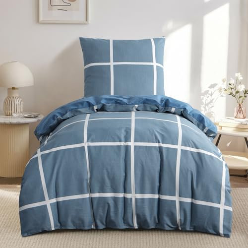 RUIKASI Bettwäsche 155x220 Baumwolle 2teilig Denimblau - Baumwollbettwäsche 155 x 250 2tlg mit Karo Blau, Bettbezug Set 2 teilig Cotton mit Reißverschluss