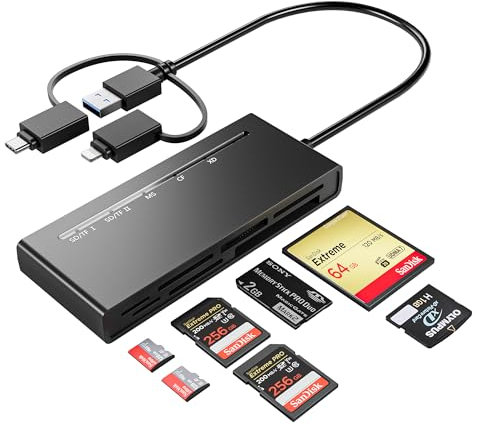 7-in-1 Speicherkartenleser, SD Kartenleser Multi OTG Adapter mit Lightning + USB3.0 + USB C für iPhone Handy, Android, iPad, MacBook, PC Geräte Kompatibel mit SD TF CF XD MS Karten