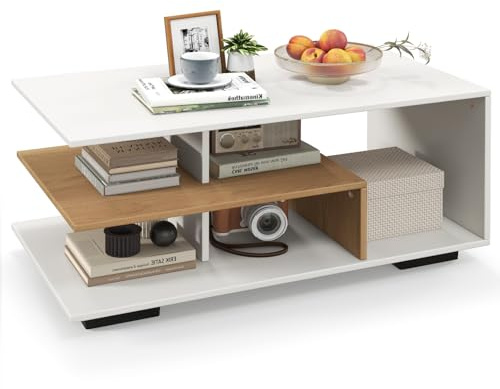 LIFEZEAL Couchtisch, Wohnzimmertisch mit 3 Ablagen, Sofatisch Holz mit 5 Fächern, Moderner Teetisch für Wohnzimmer, Büro, 90 x 50 x 42 cm (Weiß)