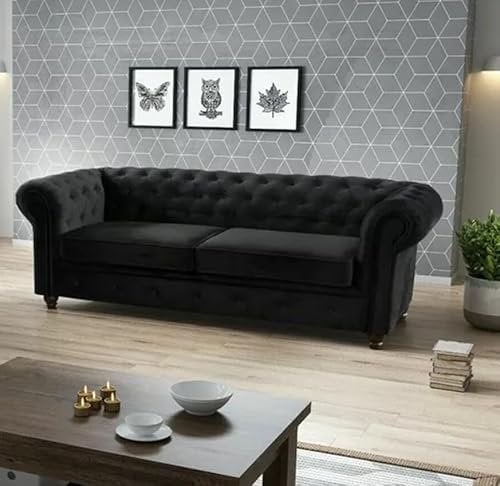 Easy4You Chesterfield Schwarzer Plüsch Velvet 3-Sitzer Sofa 225x74x88 cm Sofas für Wohnzimmer Sofagarnituren mit Holzfüße Set Sofas & Couches