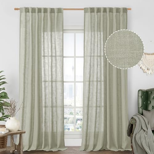 LAMIT Sage Grey Linen Curtains for Living Room 84 Inch Length 2 Panels, Light Filtering Semi Sheer Back Tab and Rod Pocket Farmhouse Curtains for Bedroom/Sliding Glass Door, 52 x 84 Inch