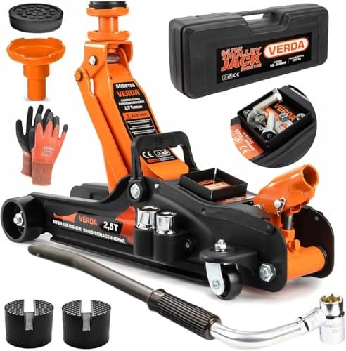 Verda Hydraulischer Wagenheber 2,5T, 85-365mm + Gummiauflage + Koffer + Montagehandschuhe + Schlüssel Magnetische Werkzeugschale, Rangierwagenheber, Autoheber, PKW, Profi(Wagenheber 2,5T + Schlüssel)