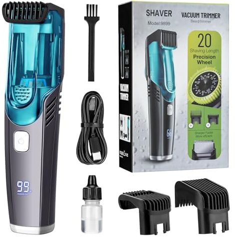 Vacuum Beard Trimmer for Men with 20 Length and Styles Adjustable, Built-in Vacuum Trimmer for Mustache, Sideburns, Facial Hair, Rechargeable Mustache Trimmer，Blue