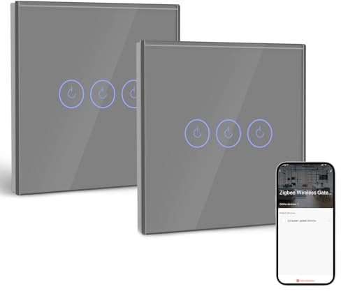 BSEED Smart ZigBee Interrupteur Encastré 3 Gang 2 Voies, Interrupteur Mural Intelligent avec Alexa et Google Home, Interrupteur à Écran Tactile (Neutre, Hub Gateway Nécessaire) Gris