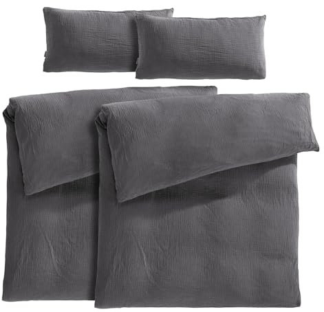 Pure Label Musselin Bettwäsche 135x200 4 teilig bestehend aus Bettbezug 135 x 200 cm 2er Set + Kissenbezug 40x80 cm 2er Set aus Baumwolle - Traumhaft kuschelige Bettwäsche-Sets in anthrazit
